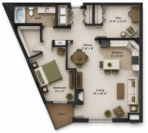 Floor plan for 1 bed, 1 bath, 1124 sqft